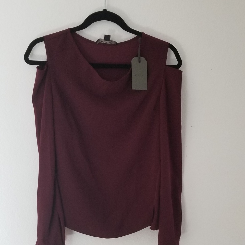 NWT All saints Lia cold shoulder burgundy top  0